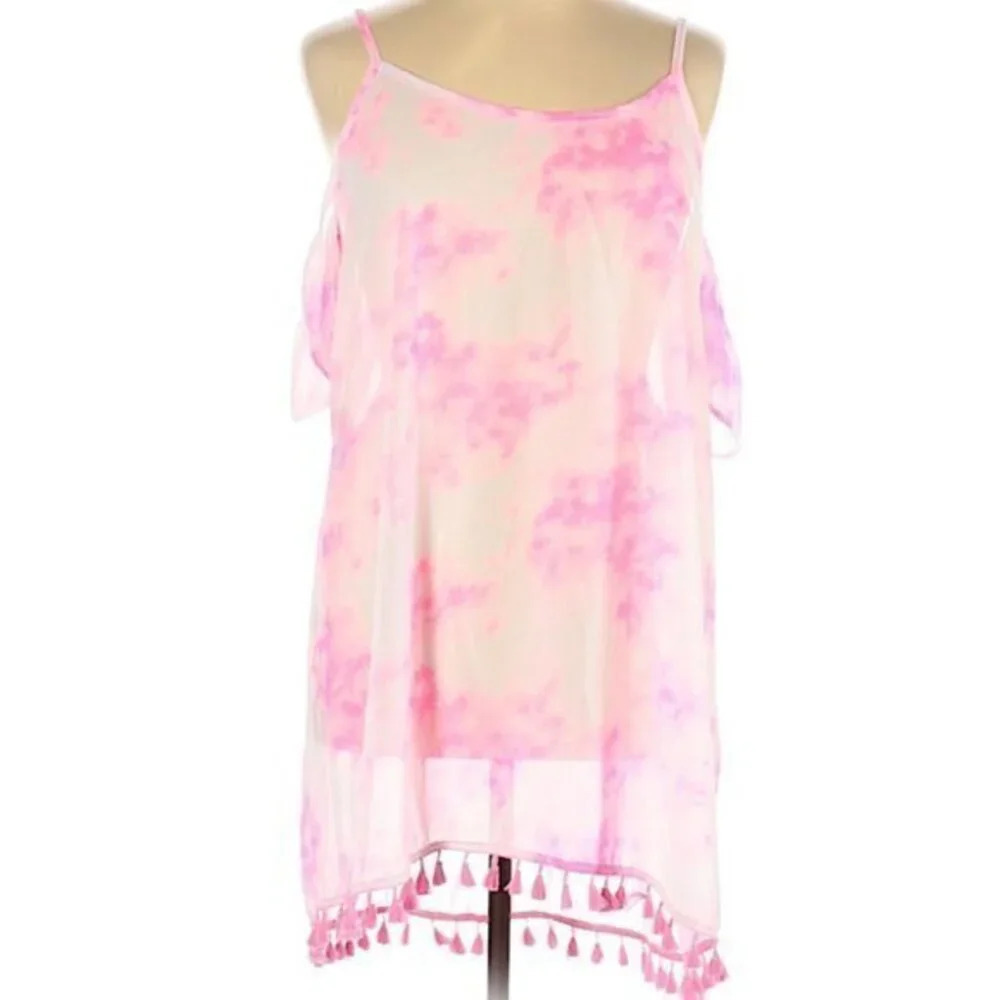 Miken Pink White Tie Dye Tassel Swim Cover Up